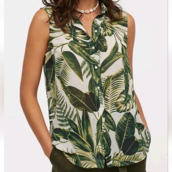 H&M Tropical Sheer Chiffon Top Woman Sz 14 Botanical Leaf Sheer Button Front Nwt - Picture 1 of 12
